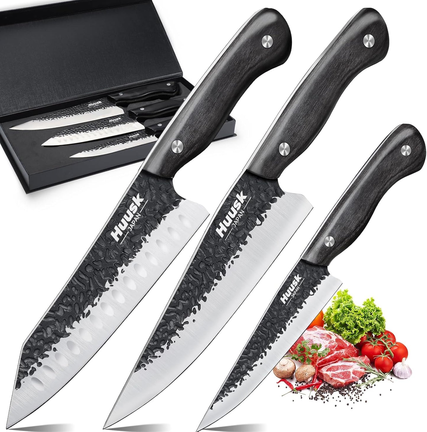 Huusk Japanese Chef Knife Set - Hand Forged Kitchen Knives for Meat Cutting - ATS-34 Carbon Steel Knives Set with Wooden Handle - Viking Cooking Knife Sets for BBQ, Camping - Ideal Gift for Women Men