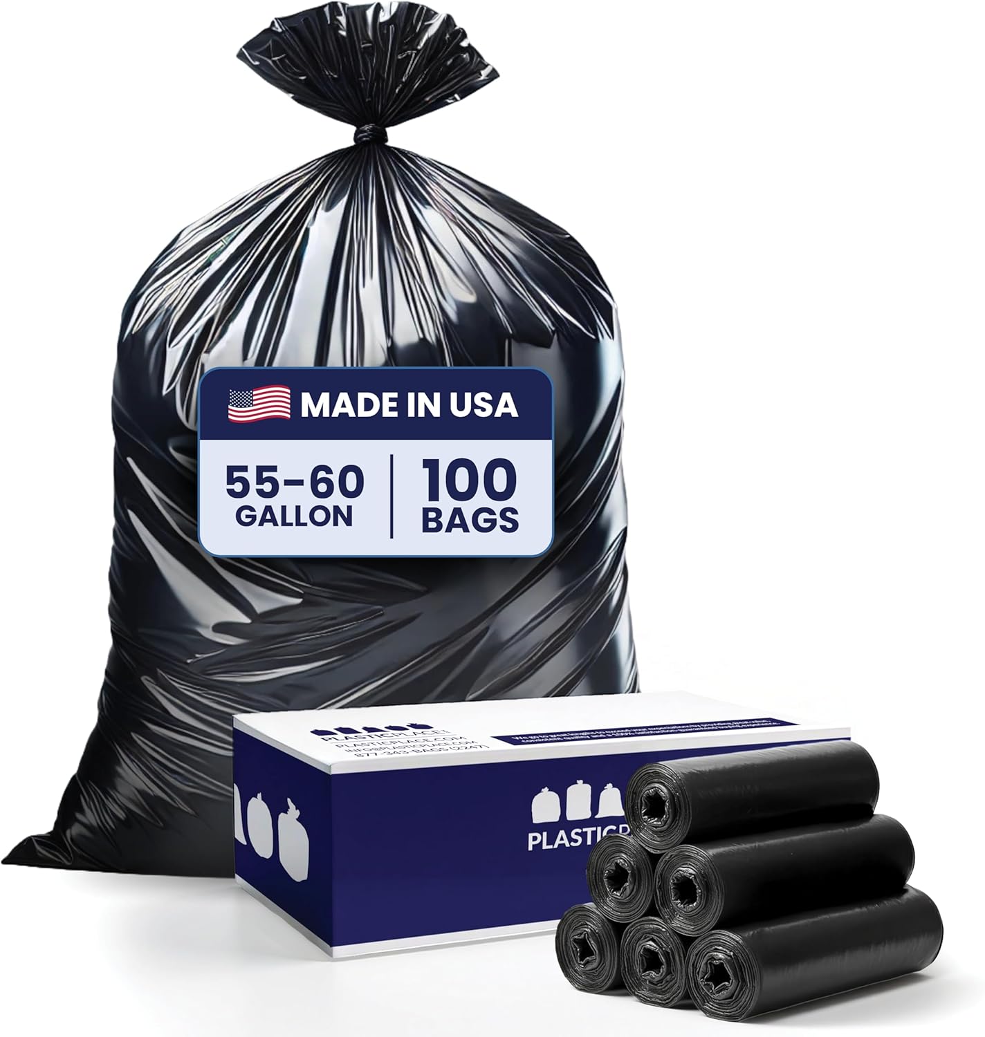 Plasticplace 55-60 Gallon Trash Bags, Heavy Duty, Black Garbage Can Liners, Puncture-Resistant Star Seal, 38" x 58", 100 Count for Warehouse, Kitchen, and Outdoor Use 1.5 Mil