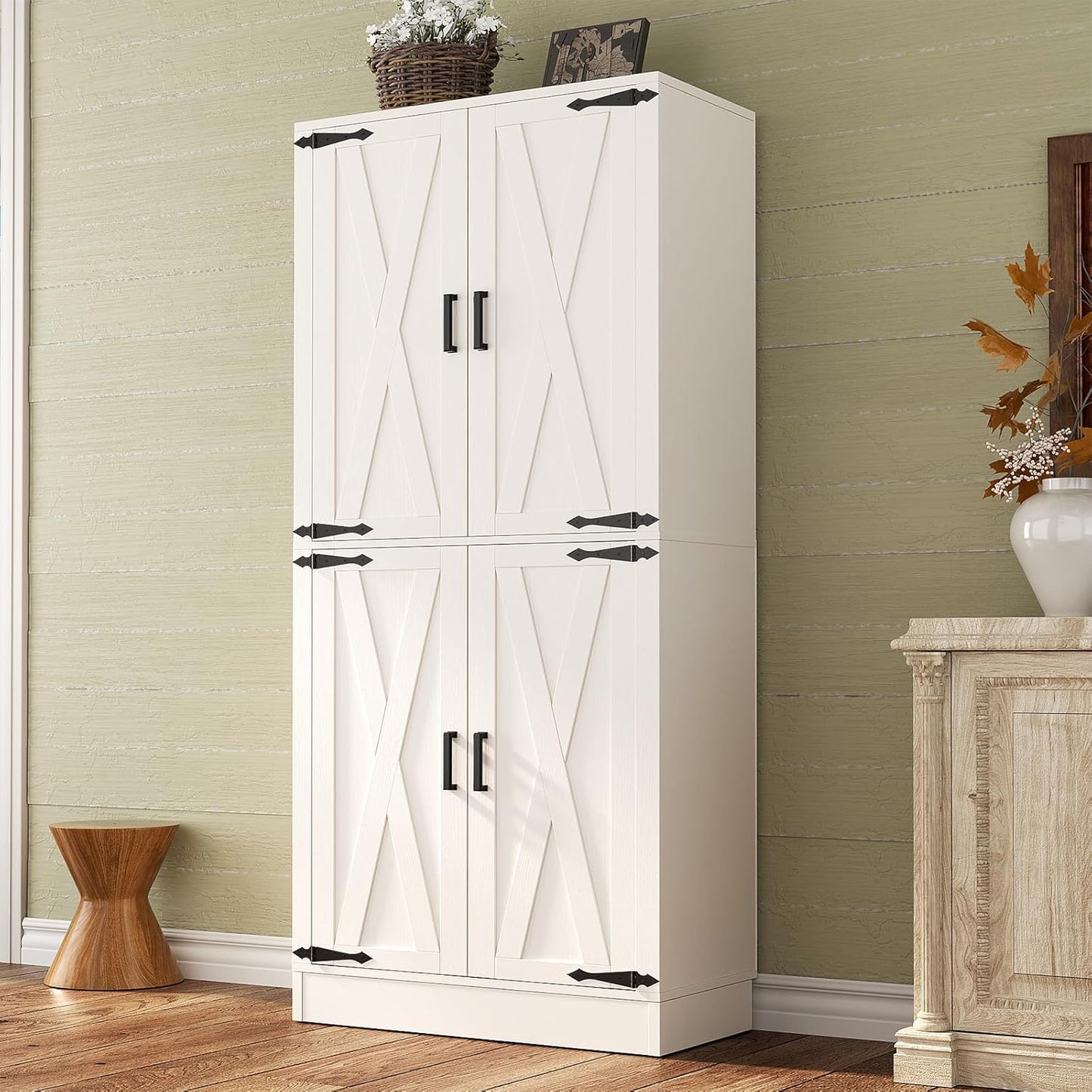 Unikito Kitchen Pantry Storage Cabinet with Farmhouse Barn Doors and Storage Drawer, 4 Adjustable Shelves, Freestanding Tall 71\u2018\u2019 H Cupboard for Dining Room, Living Room, Utility Room, White