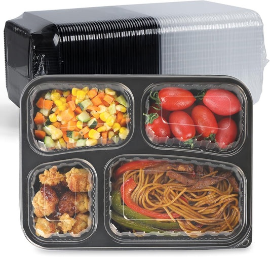 LEOBOX Meal Prep Containers 34oz 40 Pack - BPA Free PP Plastic Shrink Wrap & Leak Proof Takeout Box | Dishwasher Freezer & Microwave Safe Reusable for Bulk Cooking | Black 4 Compartment Food container