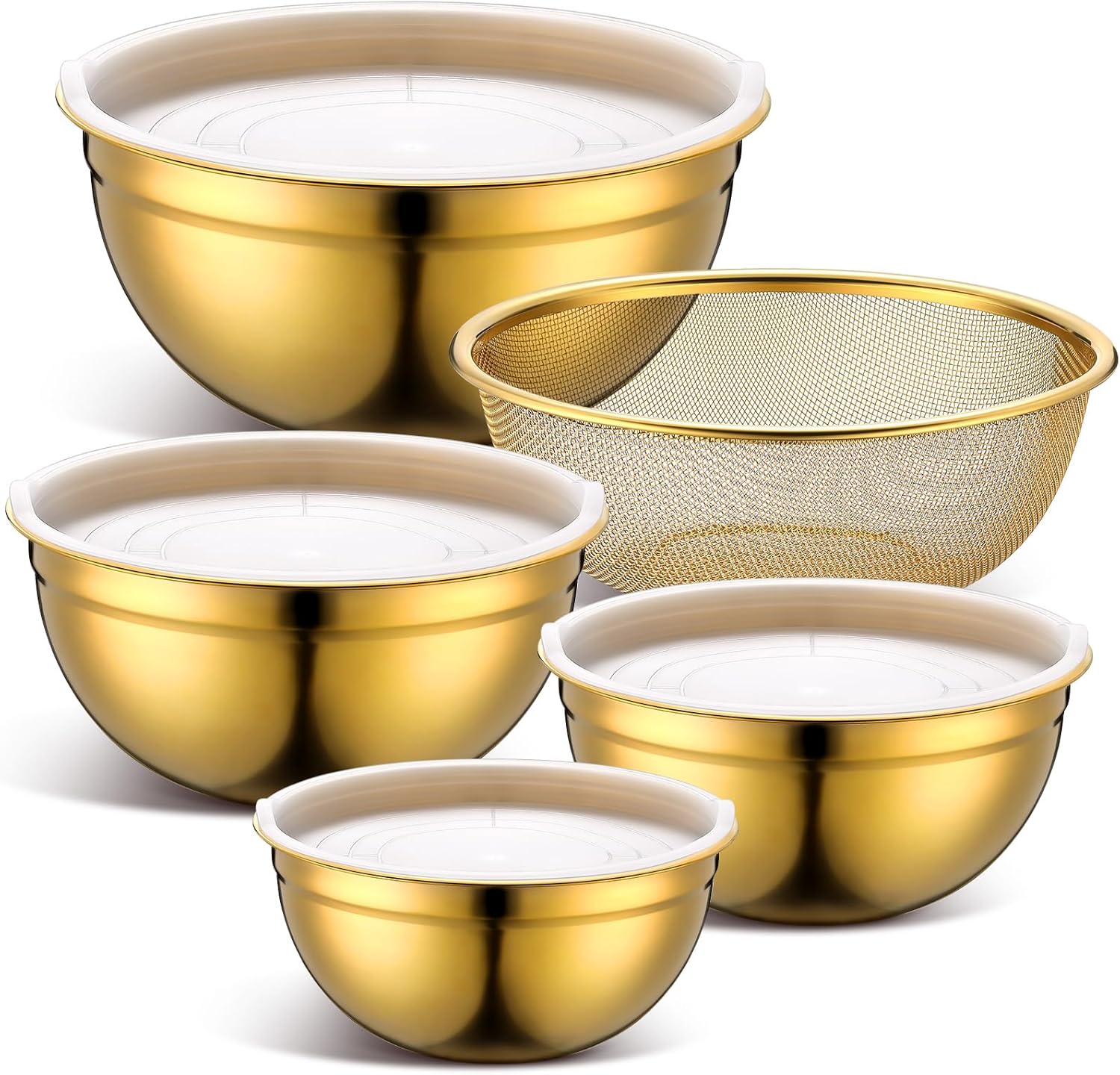 Teenyyou Gold Mixing Bowls with Airtight Lids Stainless Steel Mixing Bowl Set of 5, 4 Metal Nesting Organizers 4 in 1 Colander Non-slip Bottom Size 1.5, 2.0, 2.5, 4.0 Qt for Baking Serving Food