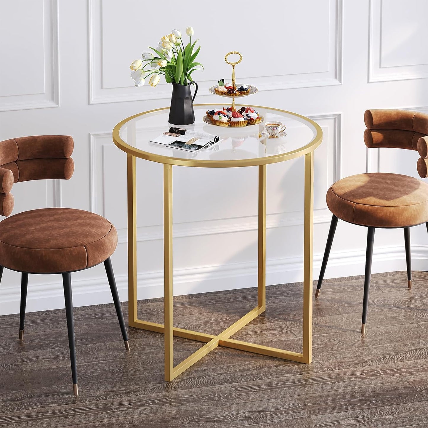 SAYGOER Small Round Dining Table for 2,Glass Circle Kitchen Dinner Table,26.7'' Multifuntional Modern Desk for Dining Room,Office,Kitchen,Apartment,Easy Assembly,Gold