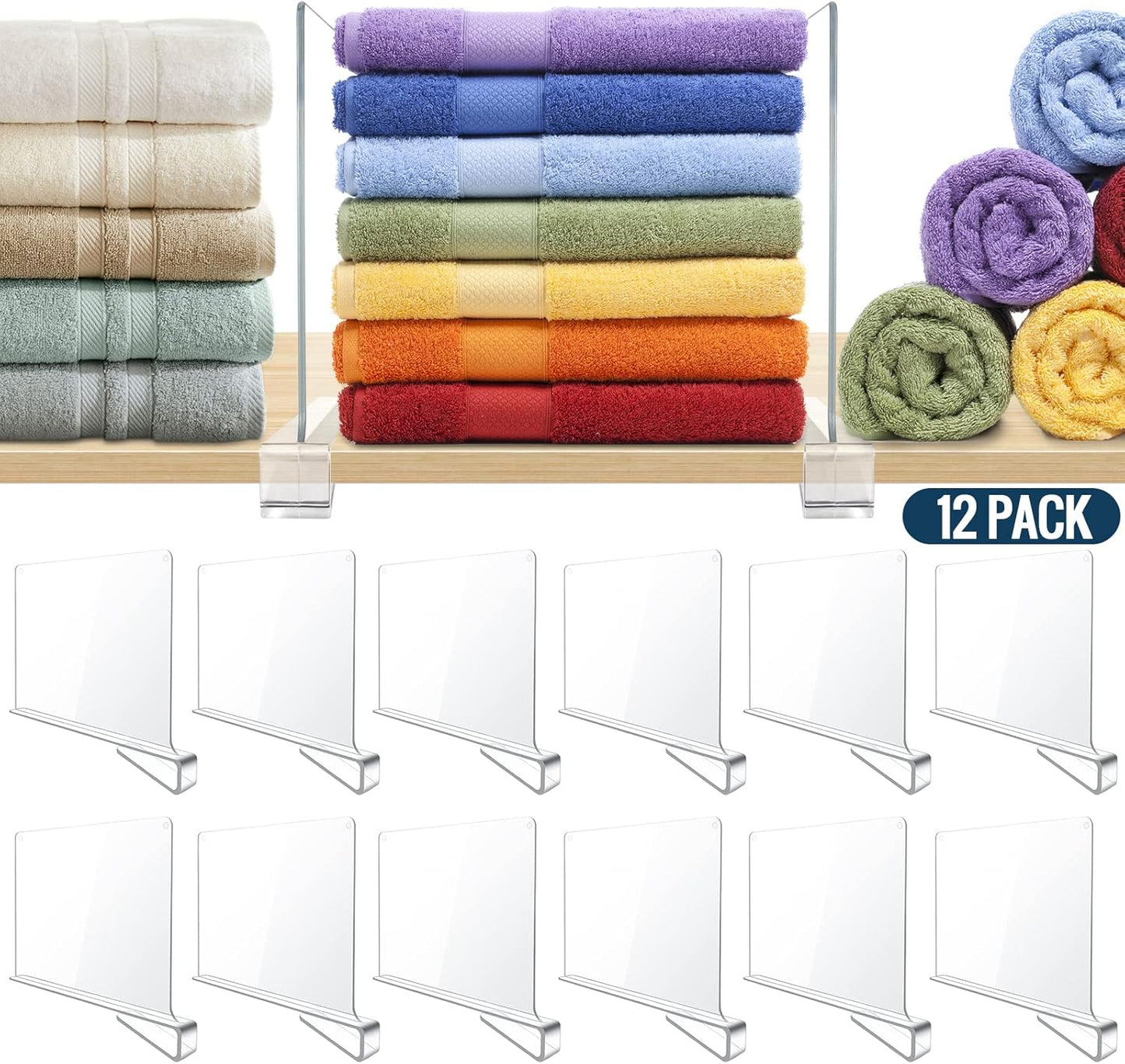 BAUMFEUER 12 Pack Clear Acrylic Shelf Dividers for Closet Shelf Organizer of Bedroom Kitchen Office Bathroom Organizer for Clothes Books Hats and Handbags