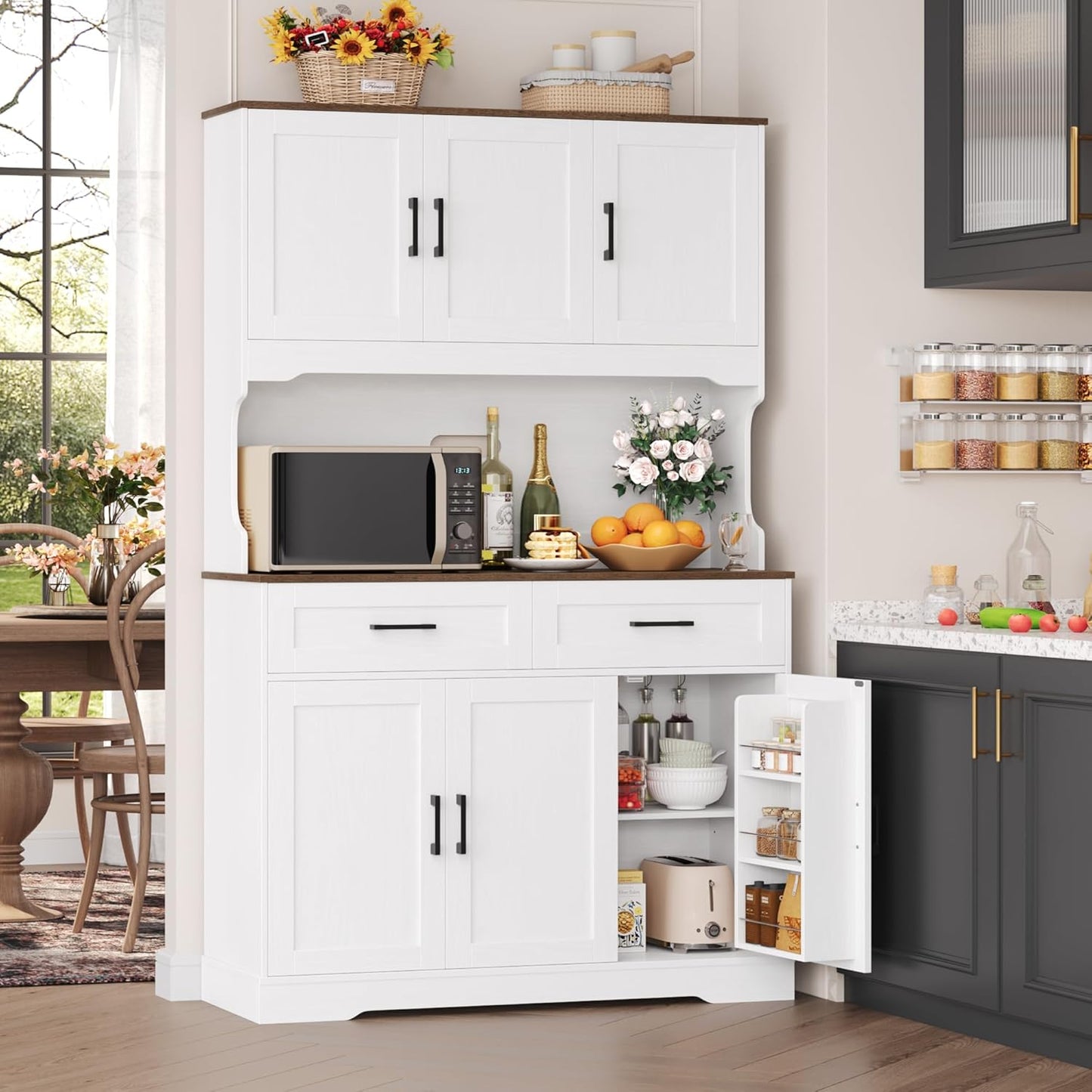 FACBOTALL Tall Kitchen Pantry Cabinet, Farmhouse Food Pantry Cabinet with Doors and Adjustable Shelves, Kitchen Hutch with Countertop and Microwave Stand for Dining Room, Living Room, White
