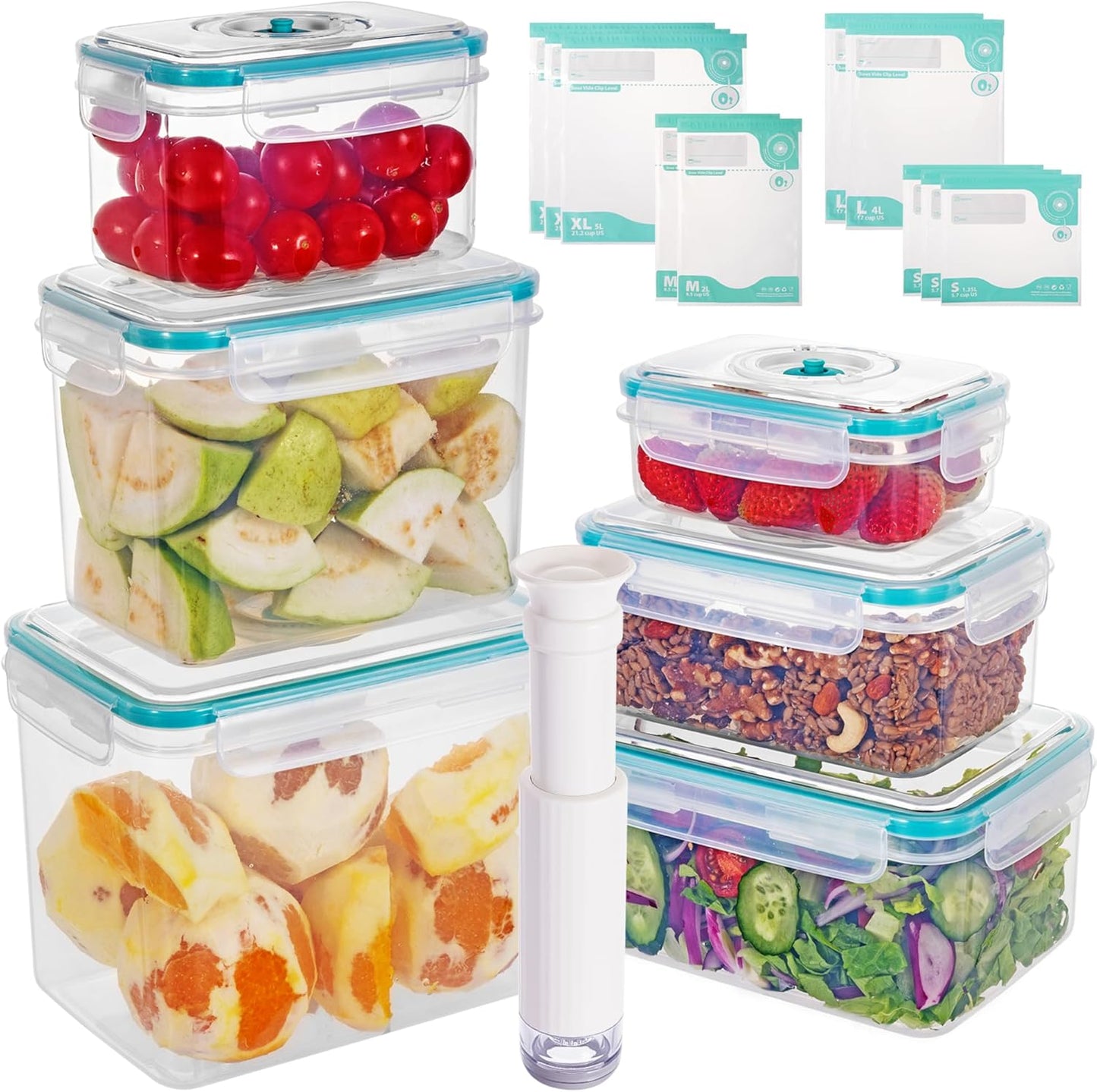 Vaccum Sealed Food Storage Container Set, 23 Pieces, 6 Stackable Containers with Lids, Hand Pump and 10 Vacuum Sealable Bags