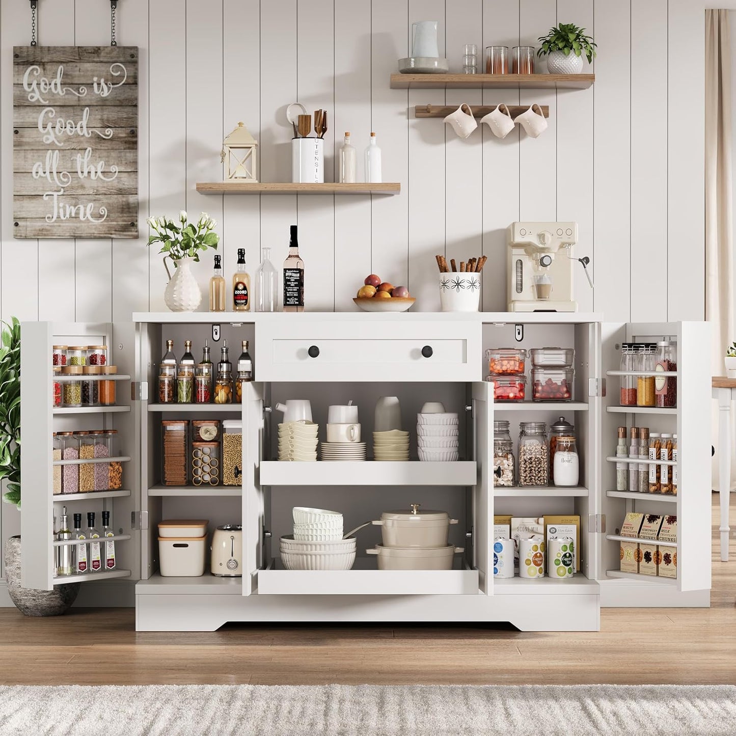 55" Buffet Cabinet with Storage, Kitchen Buffet Sideboard with Pull-Out Shelves and Drawer, Wood Farmhouse Coffee Bar Cabinet with 4 Adjustable Shelves, Kitchen Pantry for Living Room, White