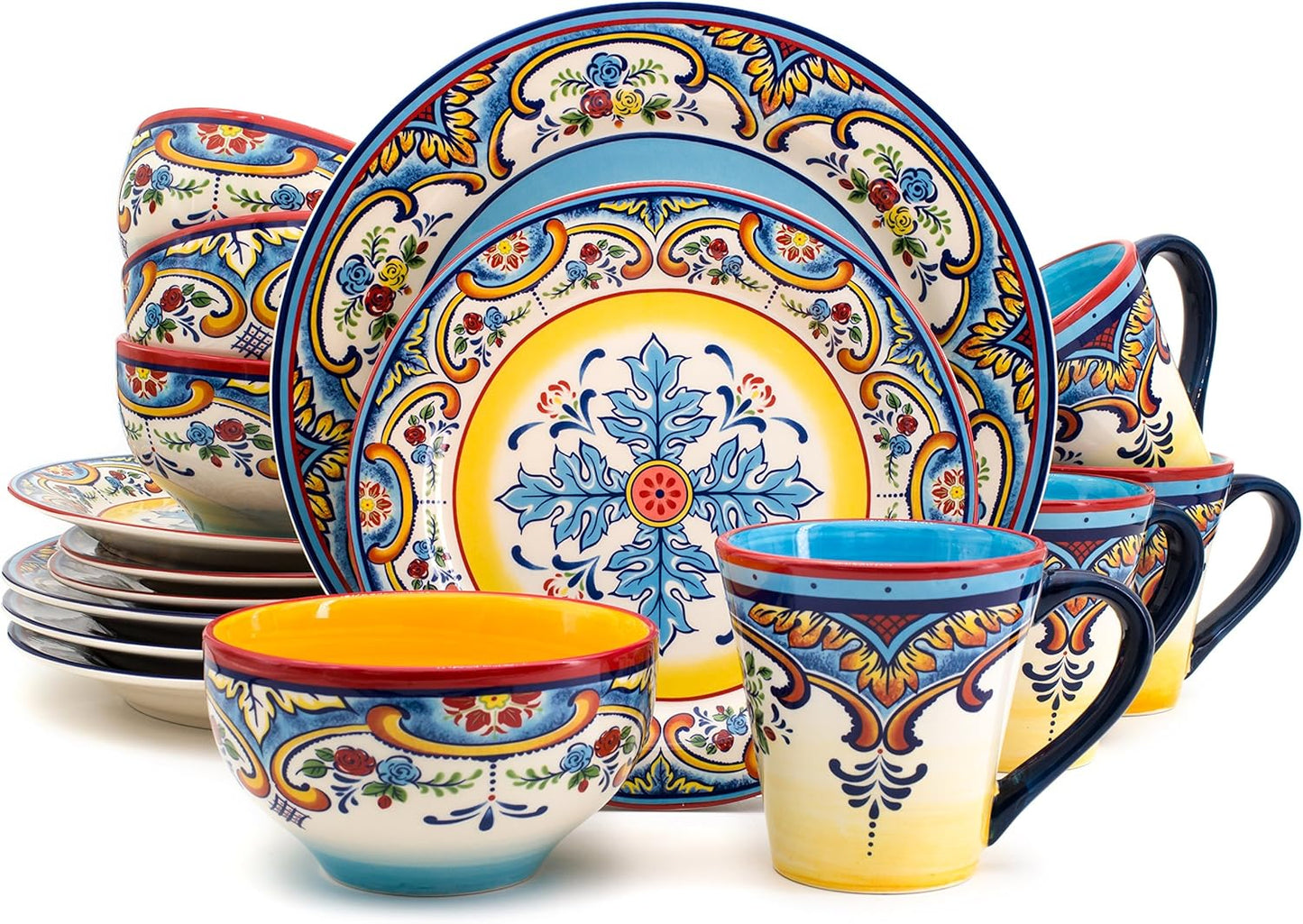 Euro Ceramica Zanzibar Collection 16 Piece Dinnerware Set Kitchen and Dining, Service for 4, Spanish Floral Design, Multicolor, Blue and Yellow