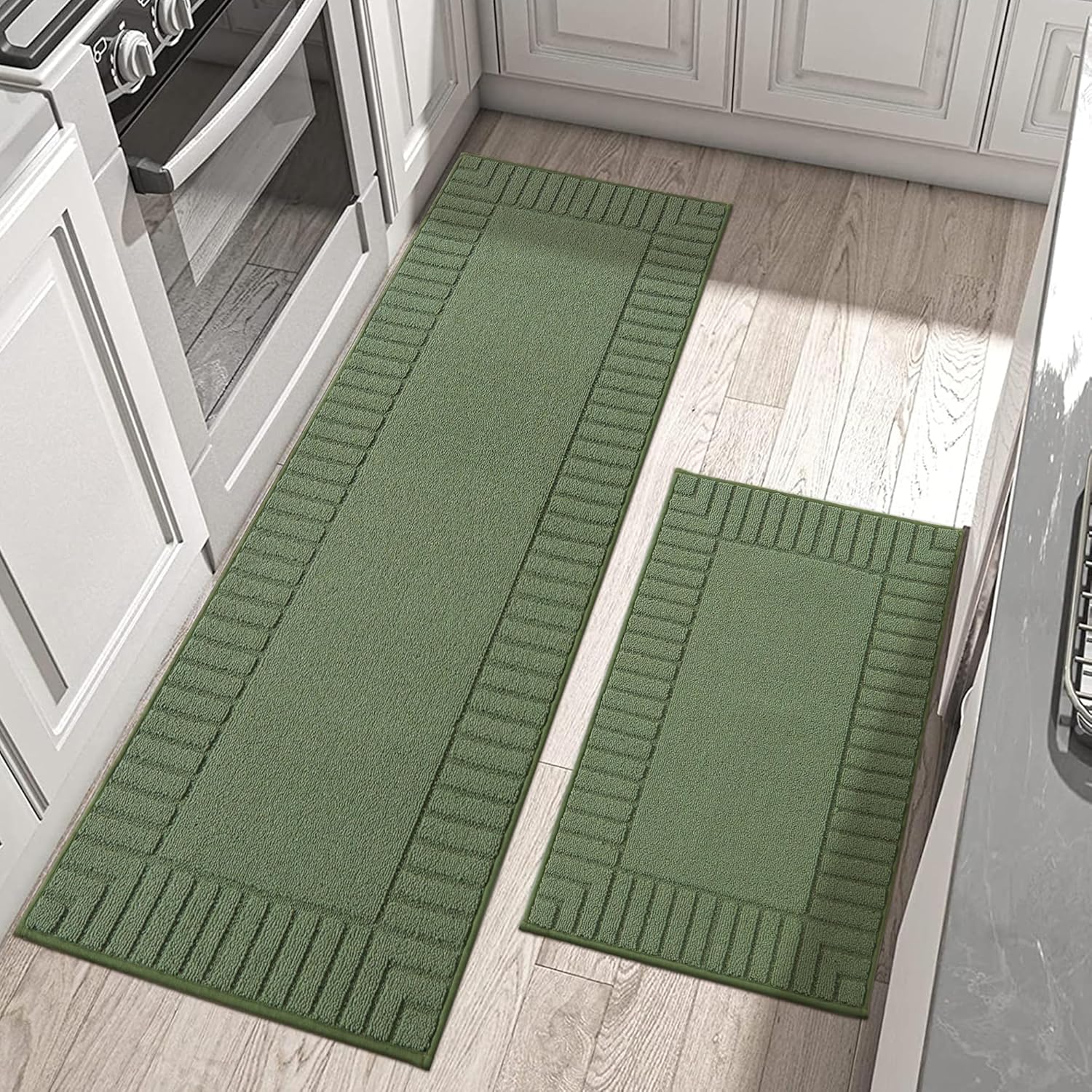 BEQHAUSE-Kitchen-Rugs-Non-Slip-Kitchen-Mats-for-Floor Machine Washable Kitchen Rugs 2 Pieces Kitchen Carpet Runner with TPR Backing,Green,24x35inch\/24x60inch