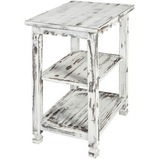 Alaterre Furniture Country Cottage End Table, Narrow Side Table with Two Storage Shelves, Rustic Farmhouse Night Stand or Living Room Furniture, White Antique Finish