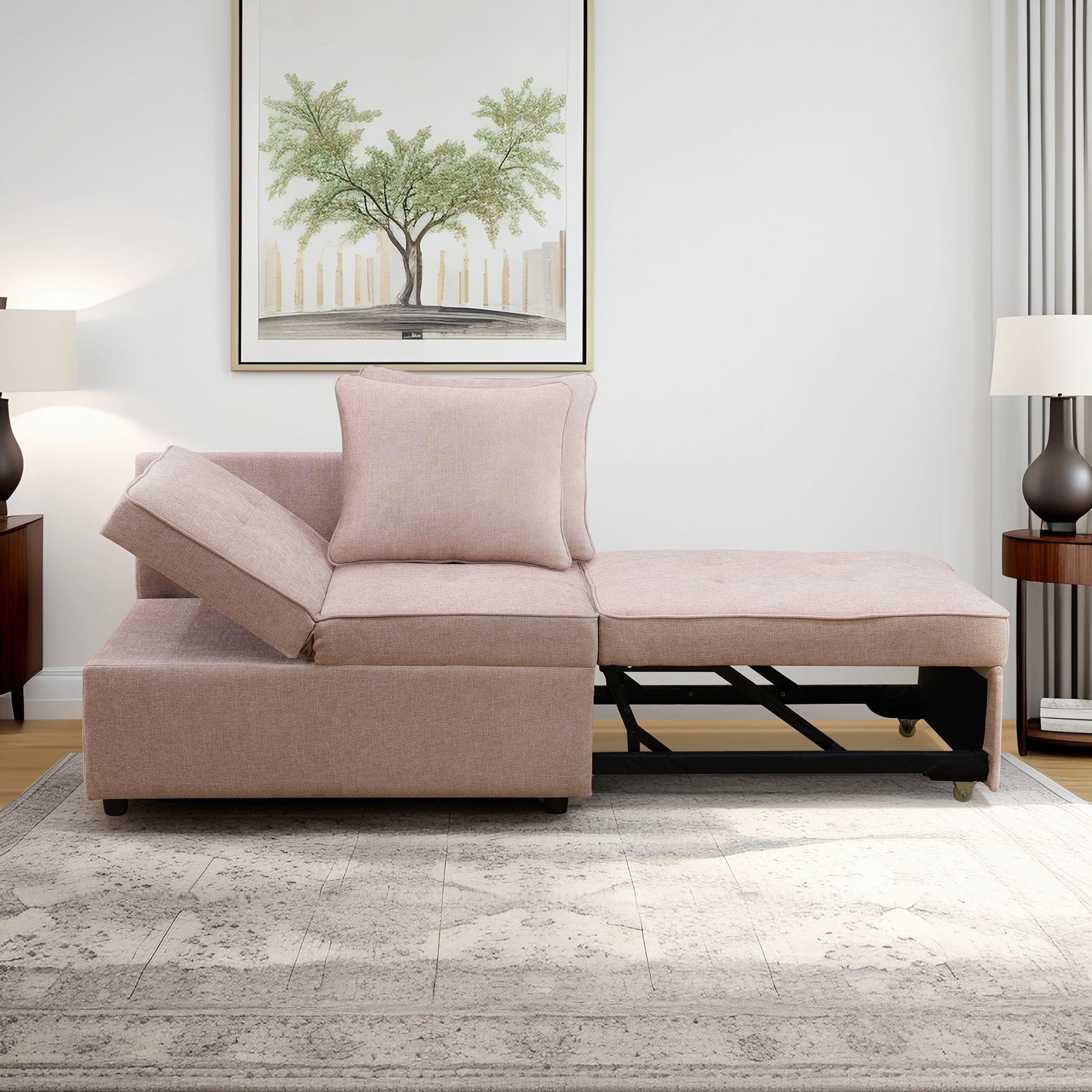 Aukfa 71" Convertible Chaise Futon Pull Out Sofa Chair Bed, Adjustable Backrest, 2 Pillows, Linen, Pink