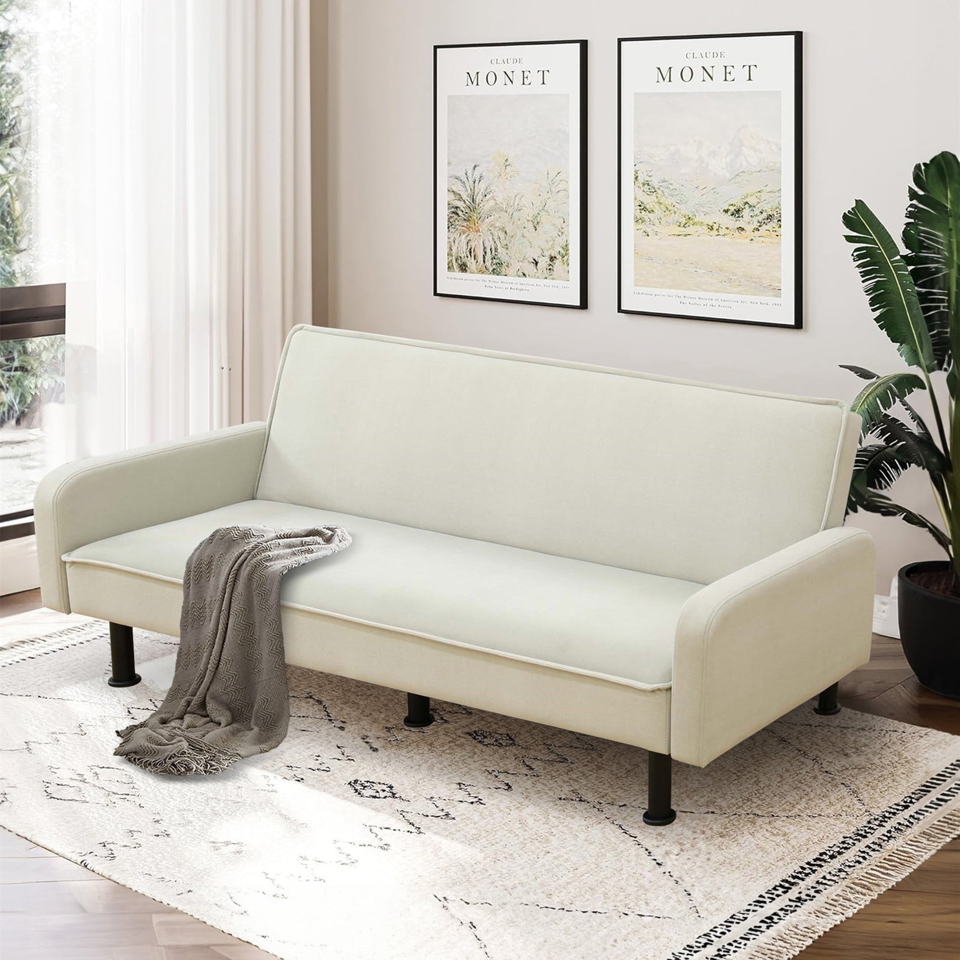 Aukfa 78" Square Arm Futon Sofa Bed Upholstered 3 Seat Couch for Home Office, Flannel, Light Gray