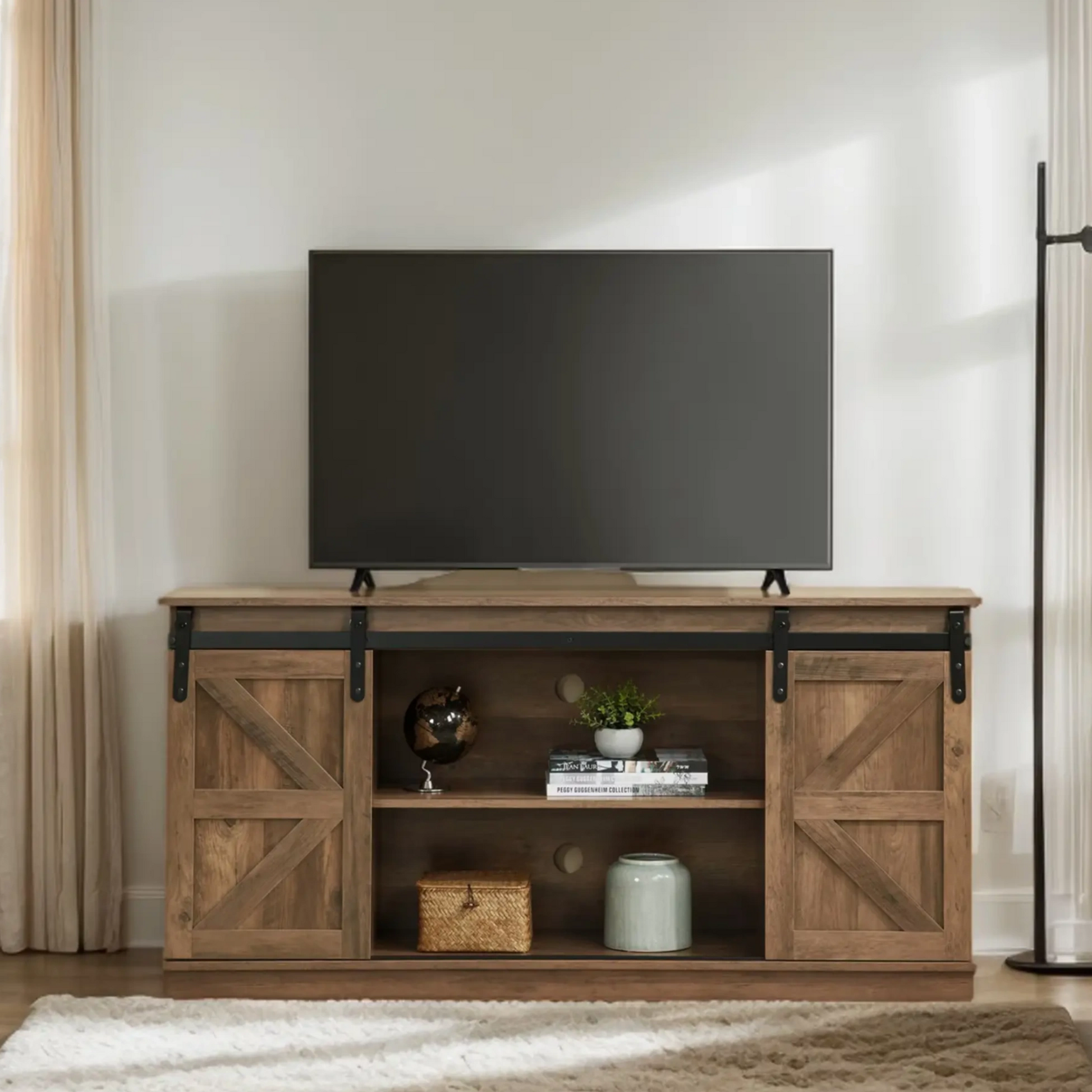 Aukfa Farmhouse Sliding Barn Door TV Stand for TVs up to 65",Tall Entertainment Center with Storage Cabinets,Brown
