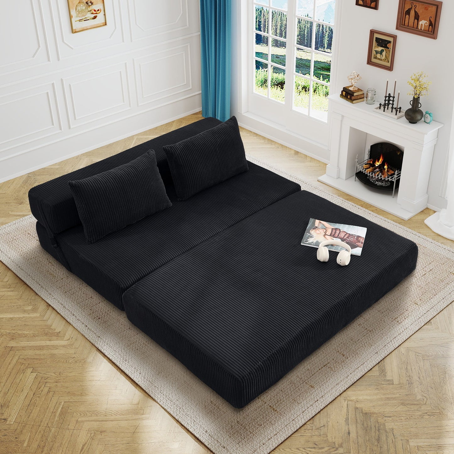 Aukfa Full Size Folding Sofa Bed, Loveseat Sleeper, Corduroy Convertible Floor Couch Mattress for Living Room, Dorm, Guest Room, Black