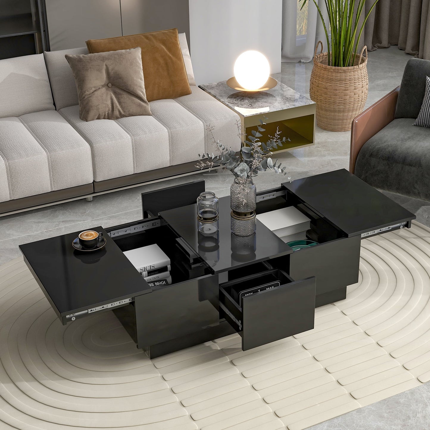 Aukfa Modern Extendable Coffee Table - Rectangle Cocktail Table with Hidden Storage - Black
