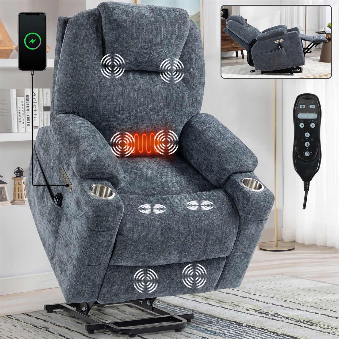 Aukfa Power Recliner Massage Chair with USB for Living Room Bedroom, 2 Side Pockets, Velvet, Gray