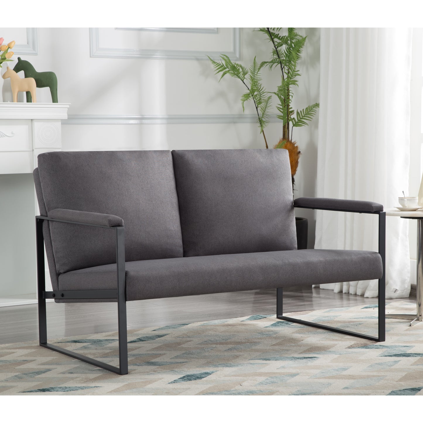 BSHTI 49.2” Metal Frame Loveseat,Easy to Assemble Linen Blend Upholstery Armchairs,Bottom of Legs has Non-slip Rubber Pads,Living Room,Bedroom,Study-Dark Gray