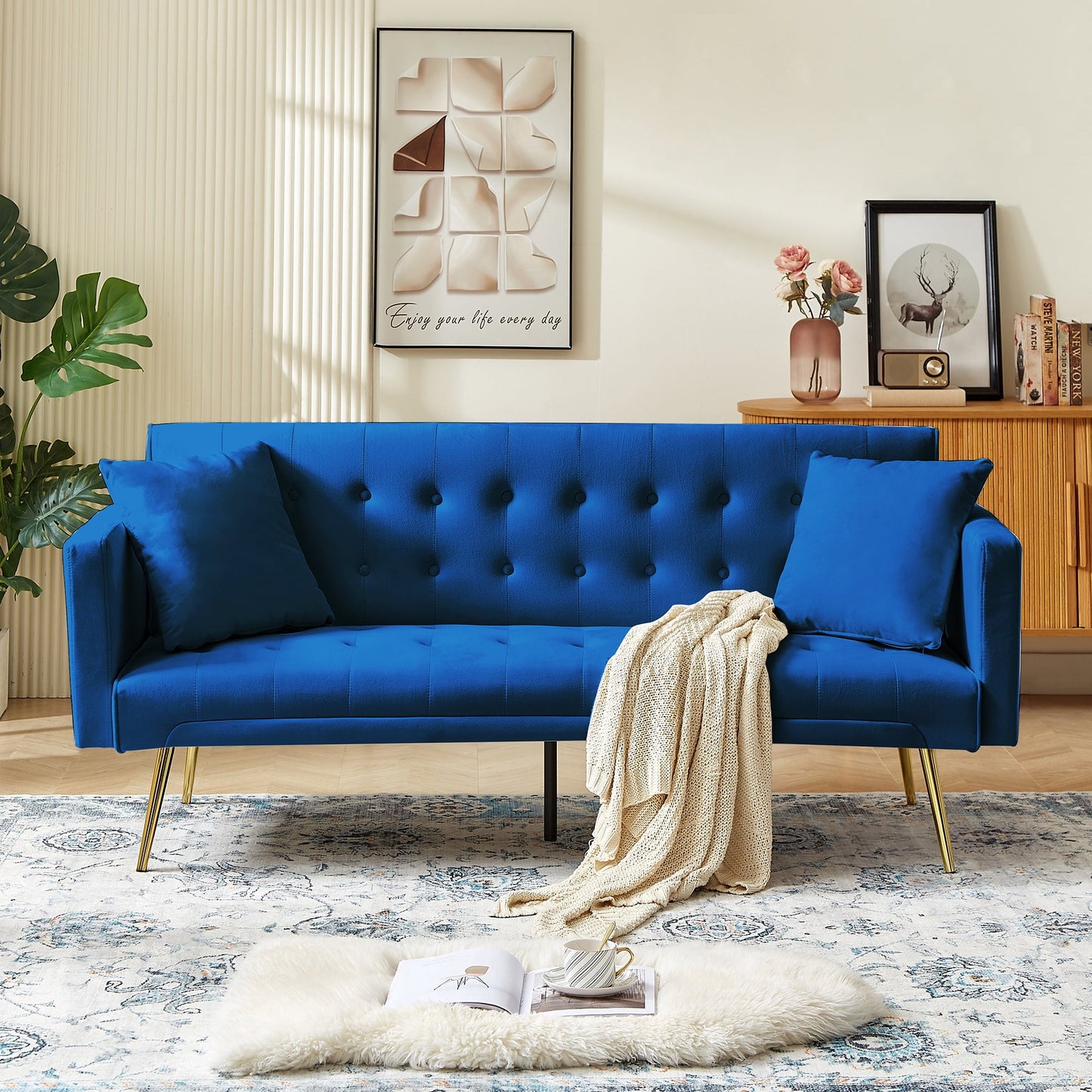 Bianlte Modern Velvet Futon Sofa Bed,Convertible Sleeper Sofa Couch with 3 Adjustable Couch Loveseat with Metal Leg for Living Room and Bedroom,Blue