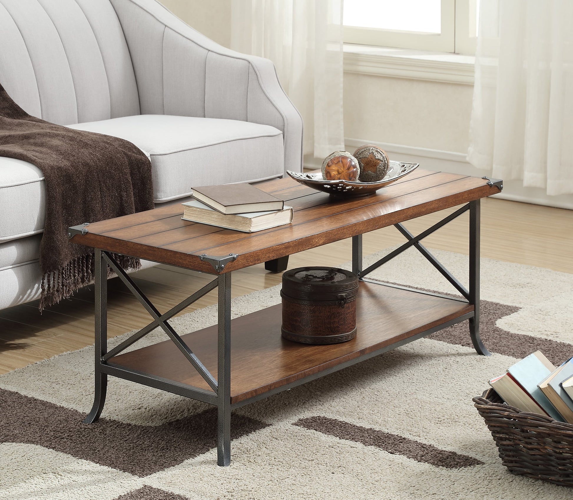 Convenience Concepts Brookline Coffee Table with Shelf, Dark Walnut/Slate Gray