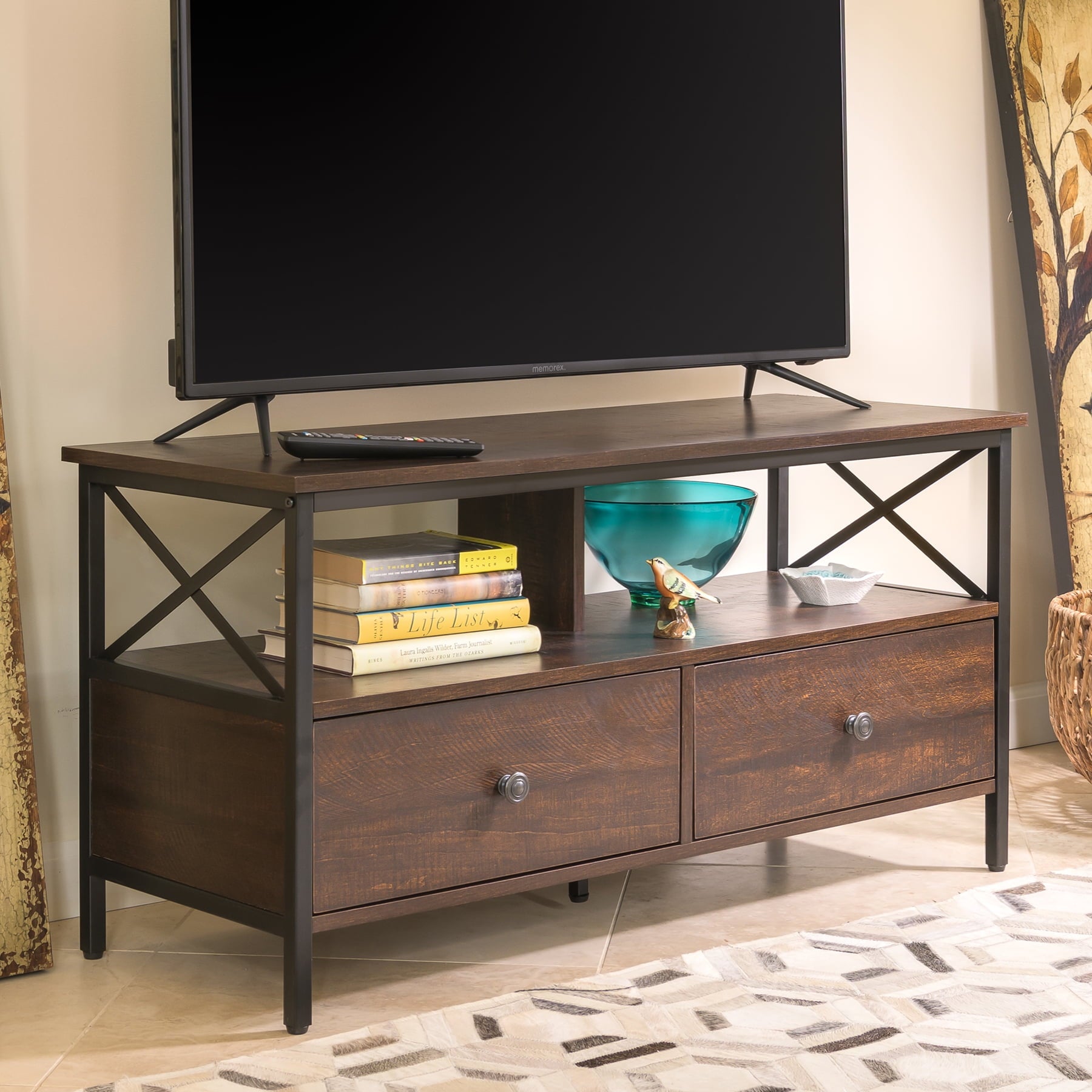 DecorTech Industrial Metal and Wood TV Stand for TVs up to 50", Walnut