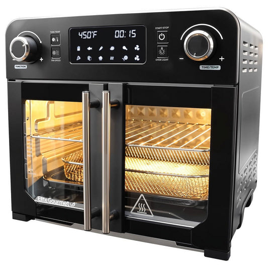 Elite Cuisine EAF9202 Programmable 23L French Door Air Fryer Oven with 10 Menu Functions, and Interior Light, Black