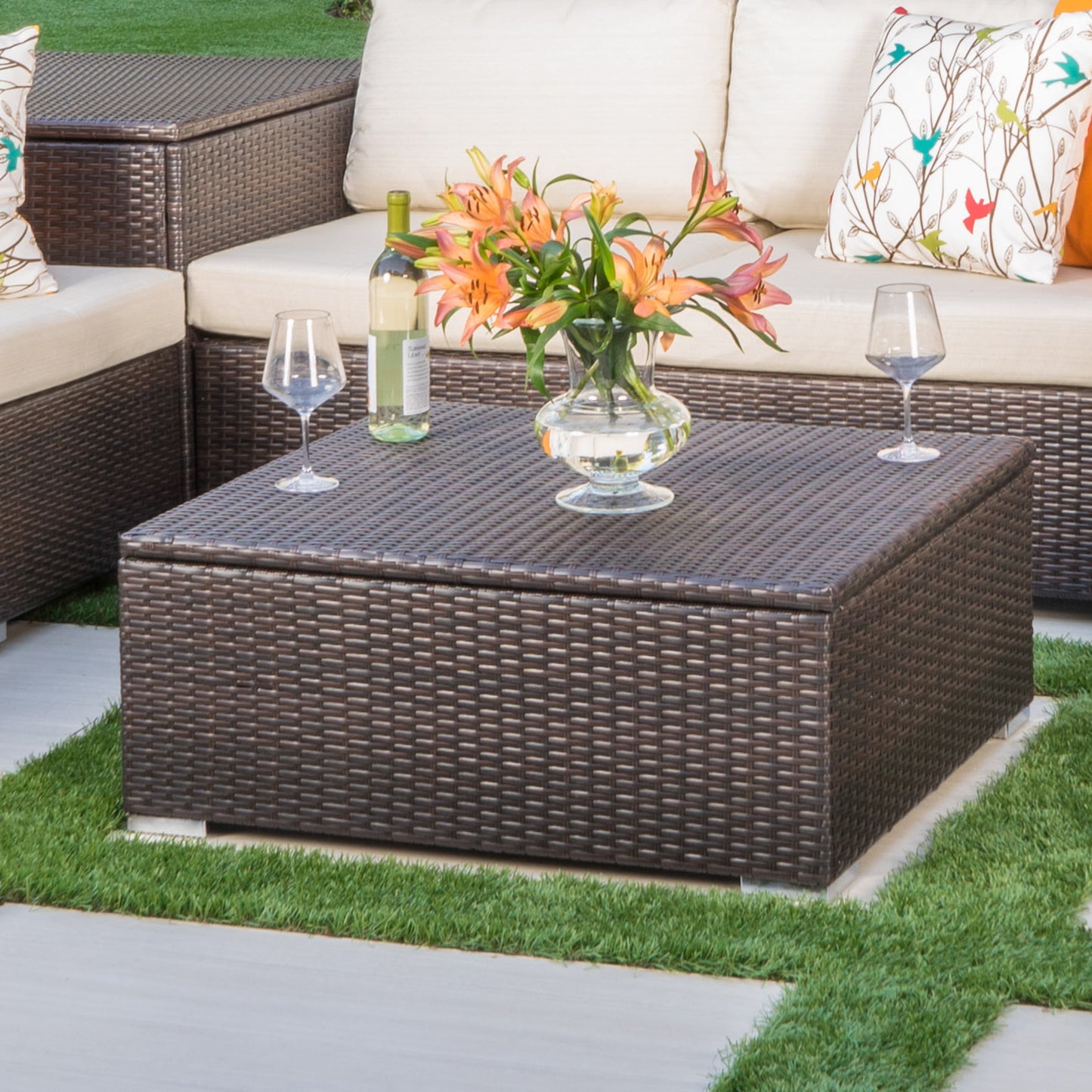 Faviola Outdoor Wicker Coffee Table with Storage, Multibrown