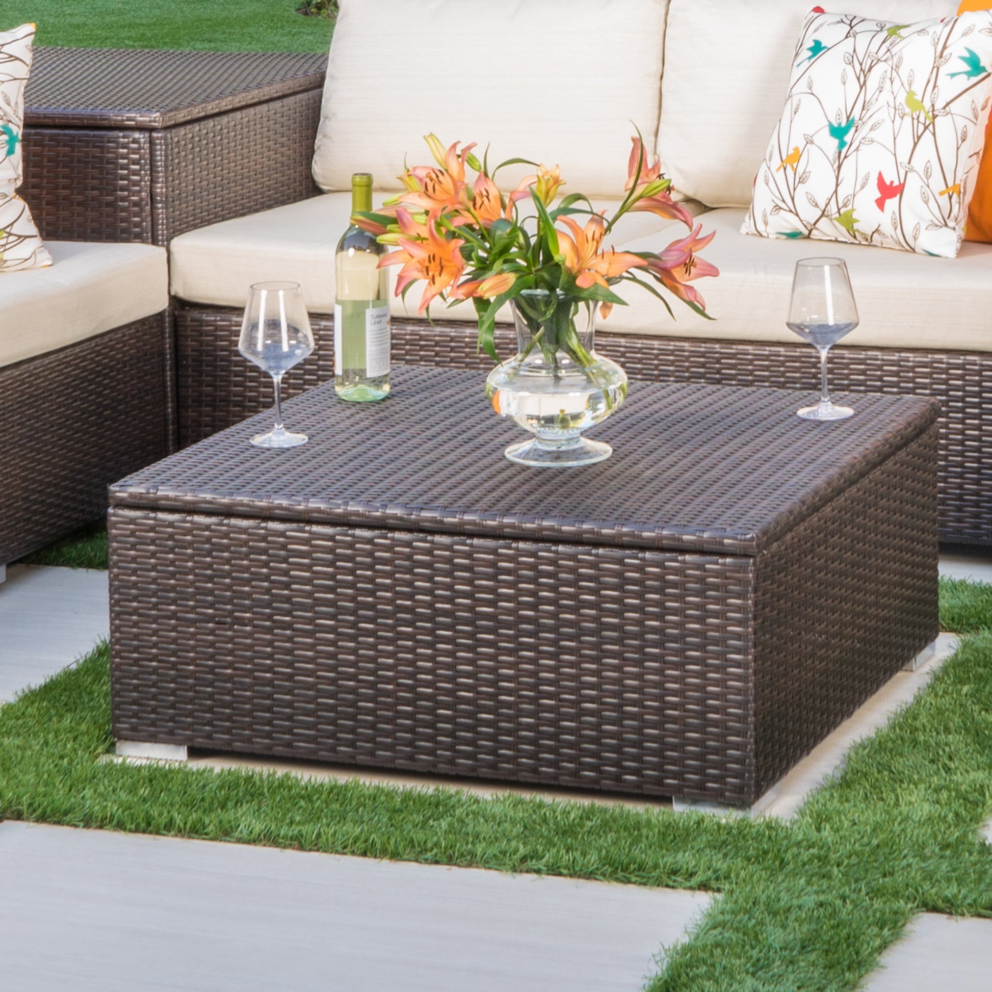 Faviola Outdoor Wicker Coffee Table with Storage, Multibrown