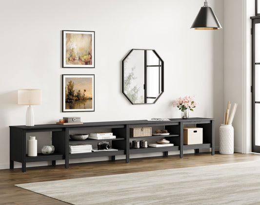 Fitueyes 118" Mid-Century Modern TV Stand for 85-100" TVs, Home Entertainment Center with Open Shelves for Living Room, black