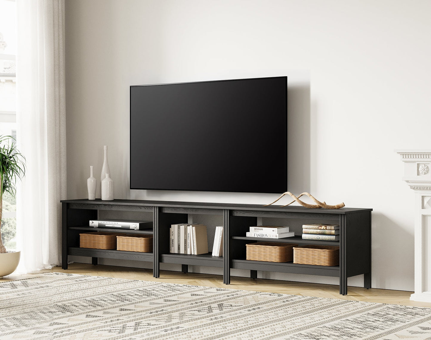 Fitueyes black TV Stand for 90 100 Inch TV Entertainment Center, Wood TV Table with Open Shelves for Living Room, 94 inch