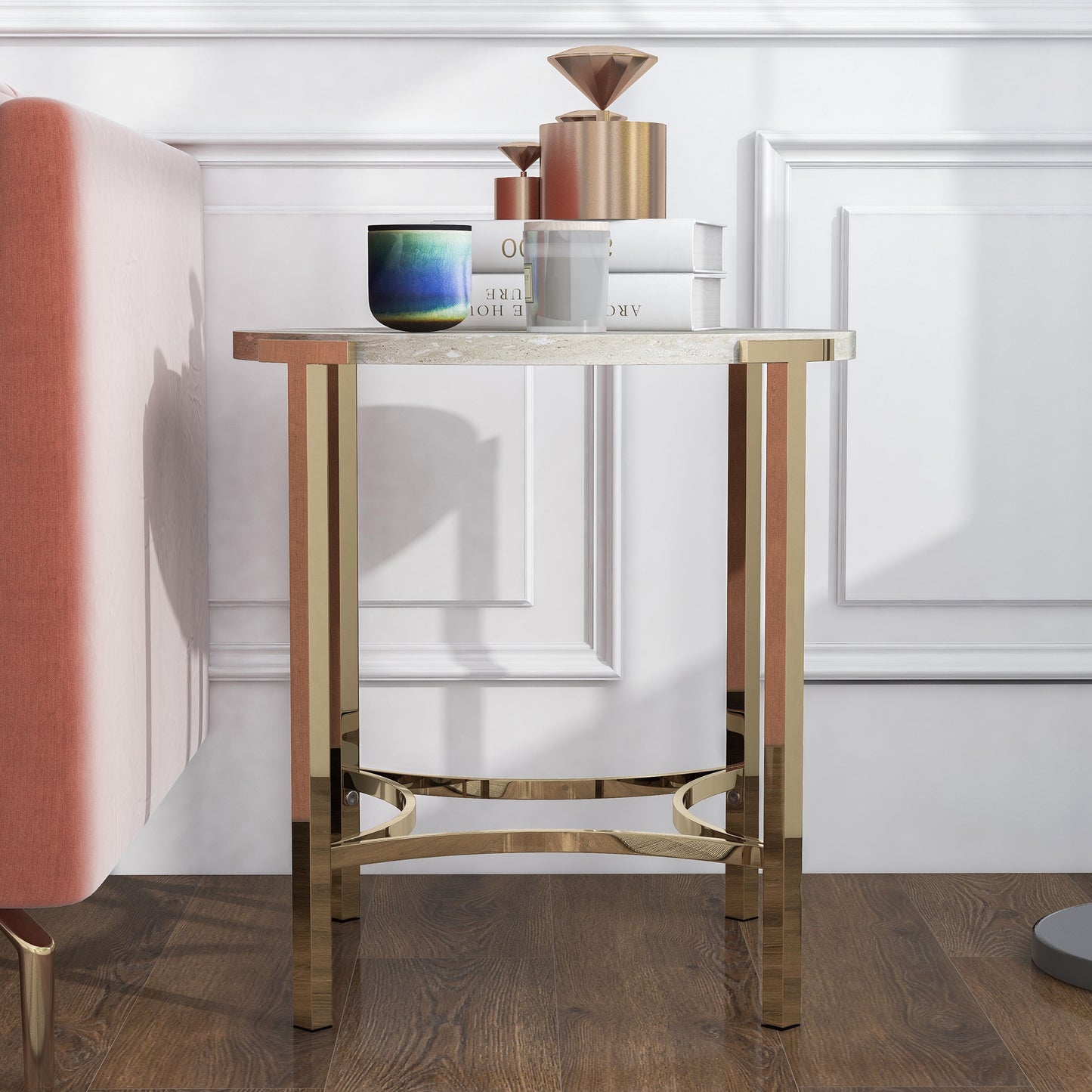 Furniture of America Heure Round Metal Champagne and White End Table