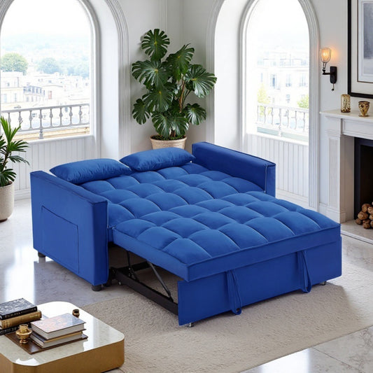 Gewnee 3-in-1 Convertible Sleeper Futon Sofa Bed – 55" Velvet Loveseat with Reclining Backrest, Side Pockets & 2 Toss Pillows – Pull-Out Couch for Living Room, Apartment, Dorm (Blue)