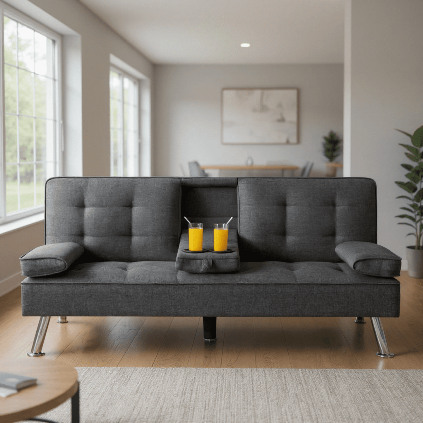 Gewnee 65.3-inch Foldable Sofa Bed, Adjustable Recliner Angle, with 2 Cup Holders, Metal Chrome Legs, Suitable for Living Room/Guest Room/Office