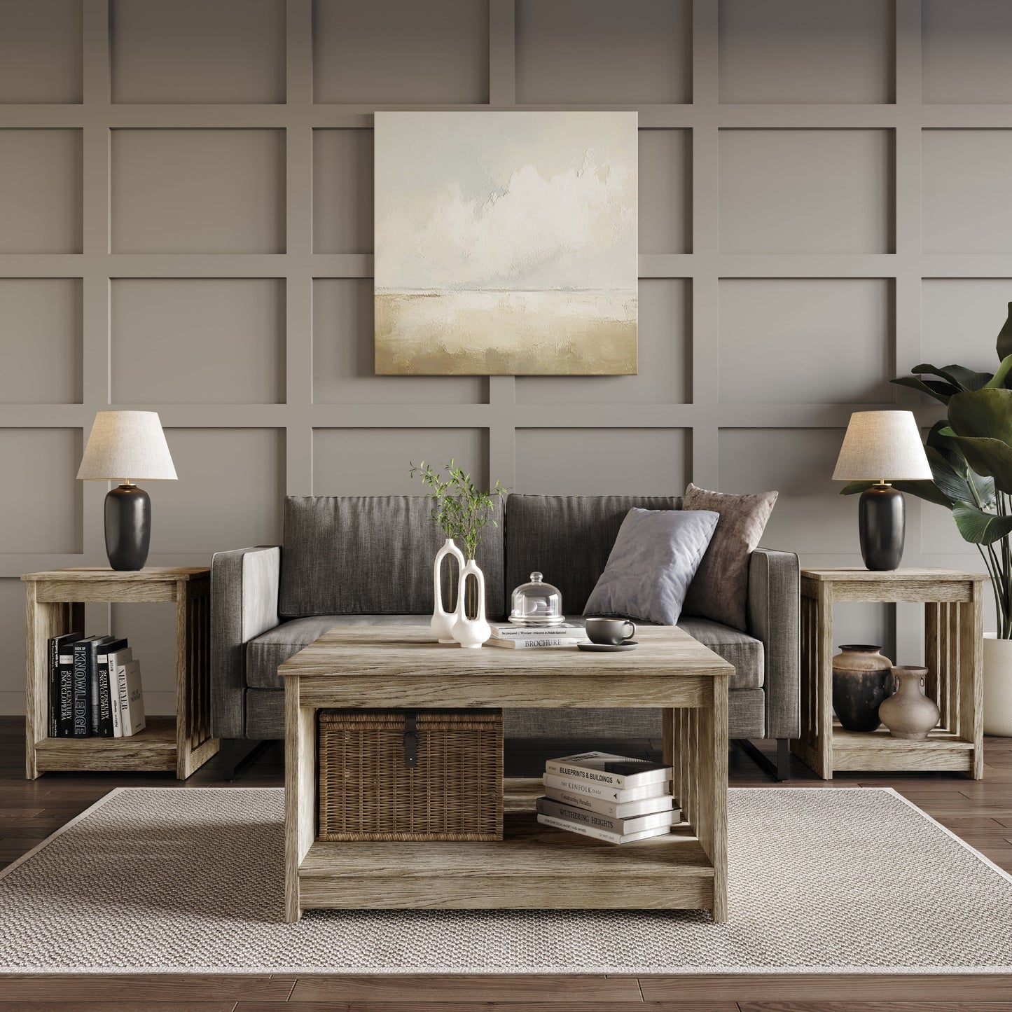 Home Design Nashua 3-Piece Coffee Table Set with Rectangular Coffee Table and 2 Matching End Tables, Modern Open Shelf Design for Living Room, Vintage Oak