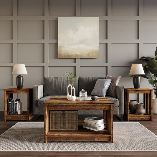 Home Design Nashua 3-Piece Coffee Table Set with Rectangular Coffee Table and 2 Matching End Tables, Modern Open Shelf Design for Living Room, Vintage Oak