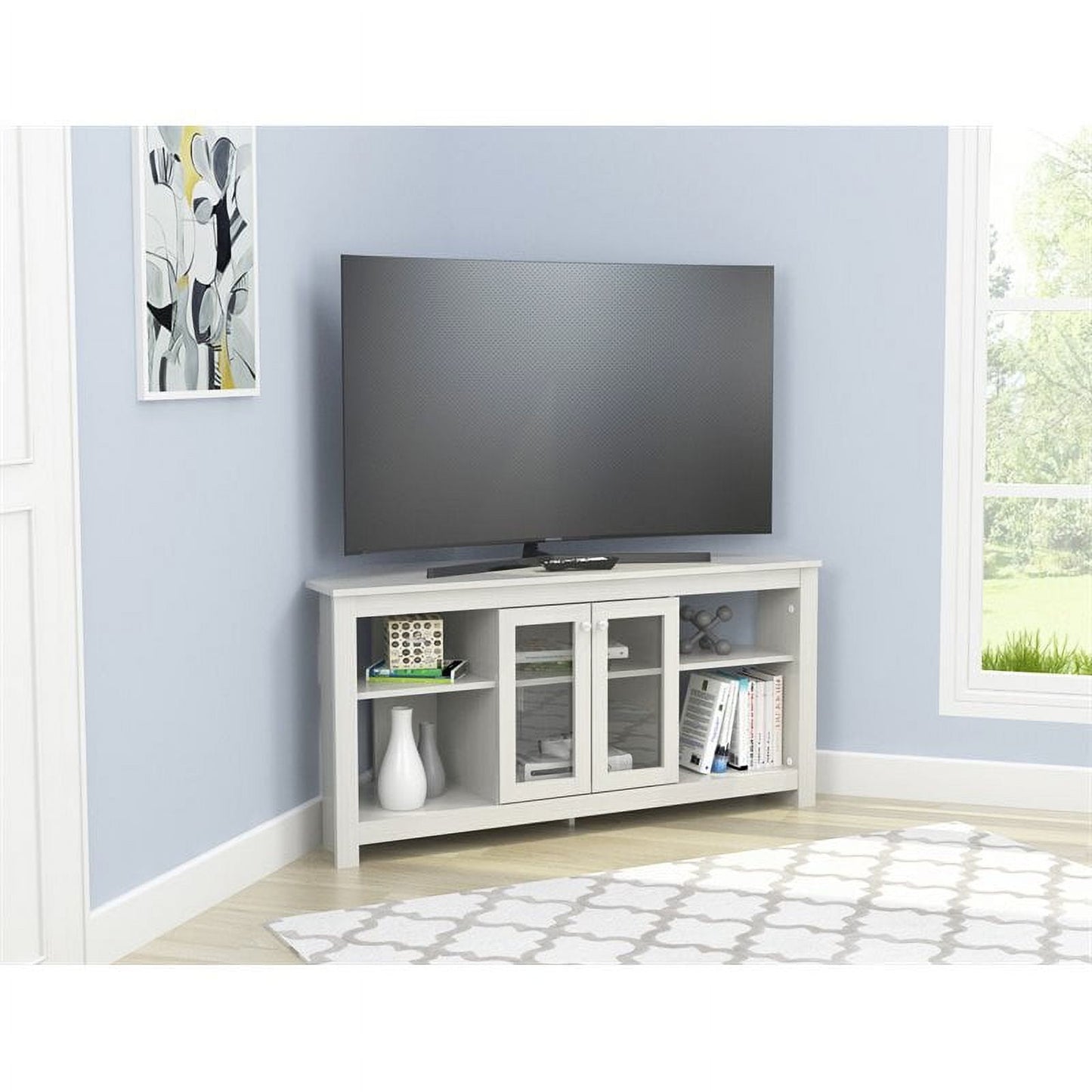 Inval Corner Laminate 60” TV Stand with Glass Doors, White