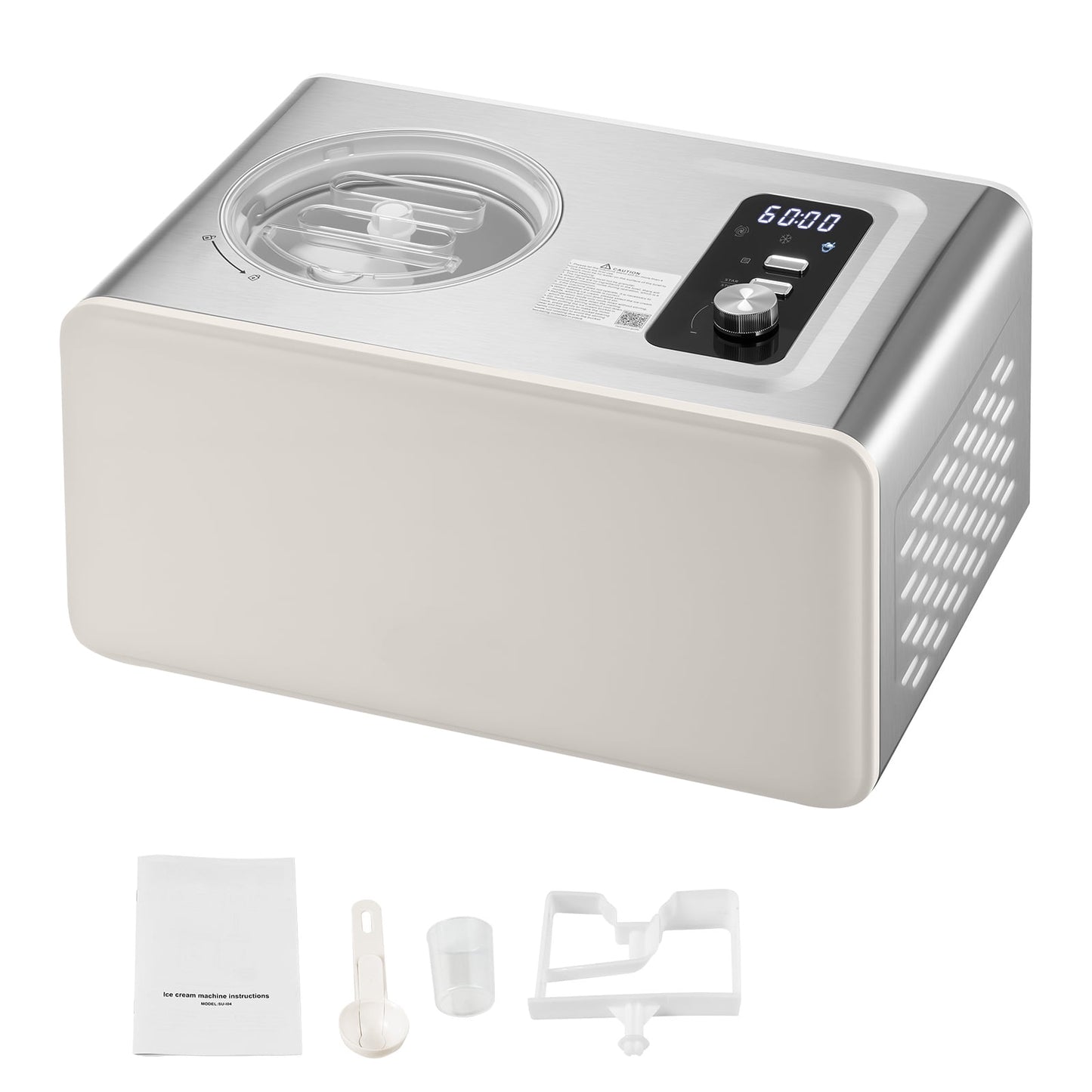 KFFKFF Automatic Ice Cream Maker with Built-in Compressor, 2-Quart Capacity, Stainless Steel Electric Gelato and Sorbet Machine, 3 Modes for Home Use