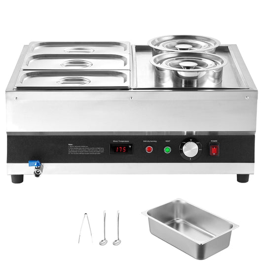 KFFKFF Commercial Soup Warmer, Electric Food Warmer Steam Table Countertop Bain Marie Two 6.34QT Pots & Three 1/3 Pans,86~185°F Adjustable Temp,1500W