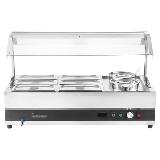 KFFKFF Commercial Soup Warmer, Electric Food Warmer Steam Table Countertop Bain Marie Two 6.34QT Pots & Six 1/3 Pans,86~185°F Adjustable Temp