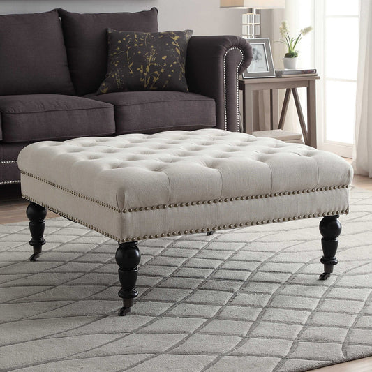Linon Isabelle Square Upholstered Ottoman Black Legs in Natural Beige Fabric