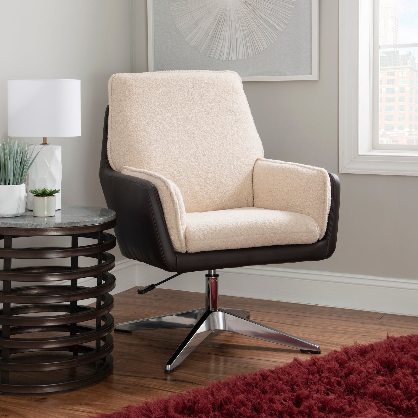 Linon Merle Accent Chair with Swivel, Brown Faux Leather and Beige Sherpa