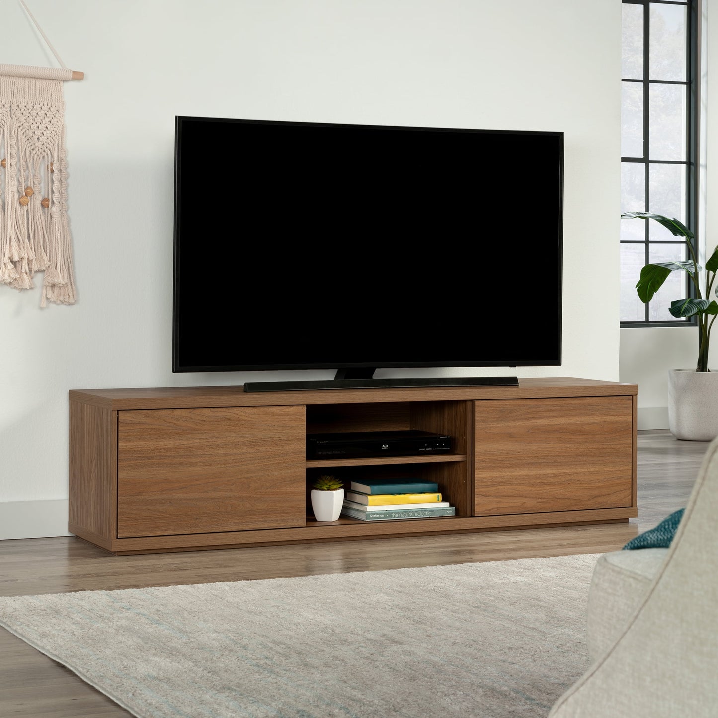 Mainstays Westley Sliding Door TV Stand for TVs up to 75”, Warm Walnut Finish