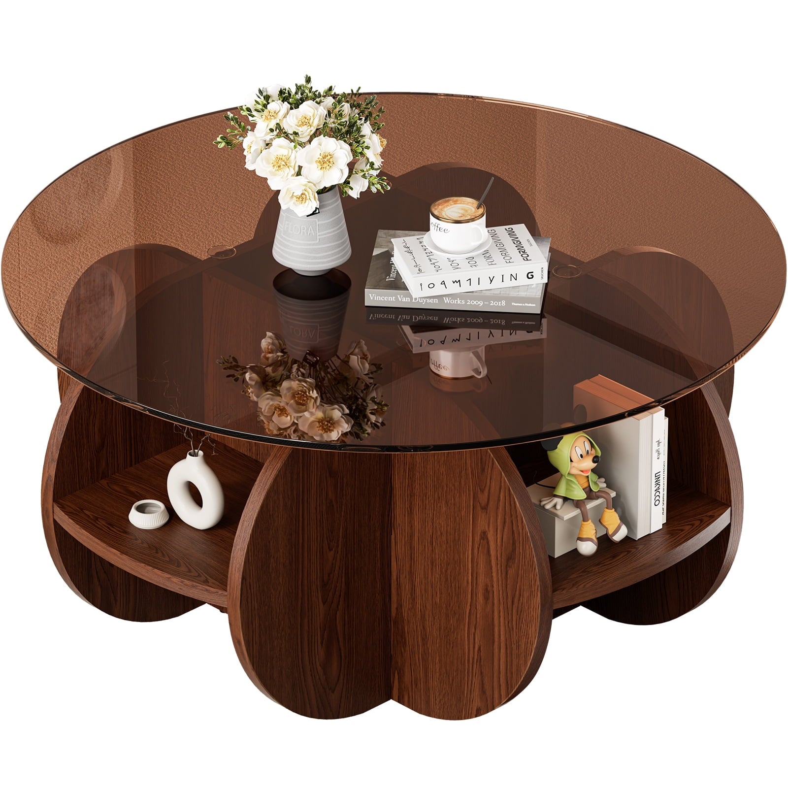 Miniyam 31.5" Round Coffee Table with Tempered Glass Top, Walnut Finish Base with Storage Shelves for Small Spaces