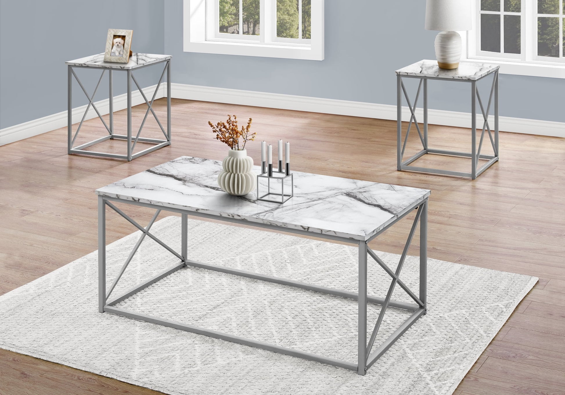 Monarch Modern End Side Accent Faux Marble 3 Pieces Coffee Table Set, White