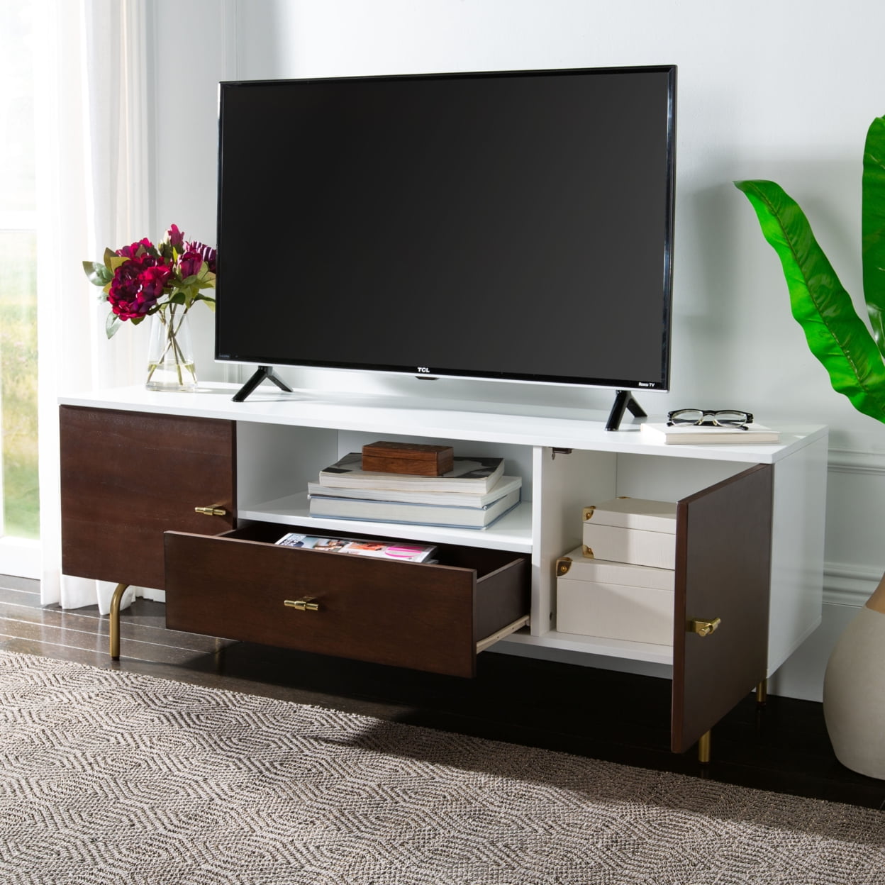 Safavieh Genevieve Modern Storage TV Stand, Walnut/White/Gold