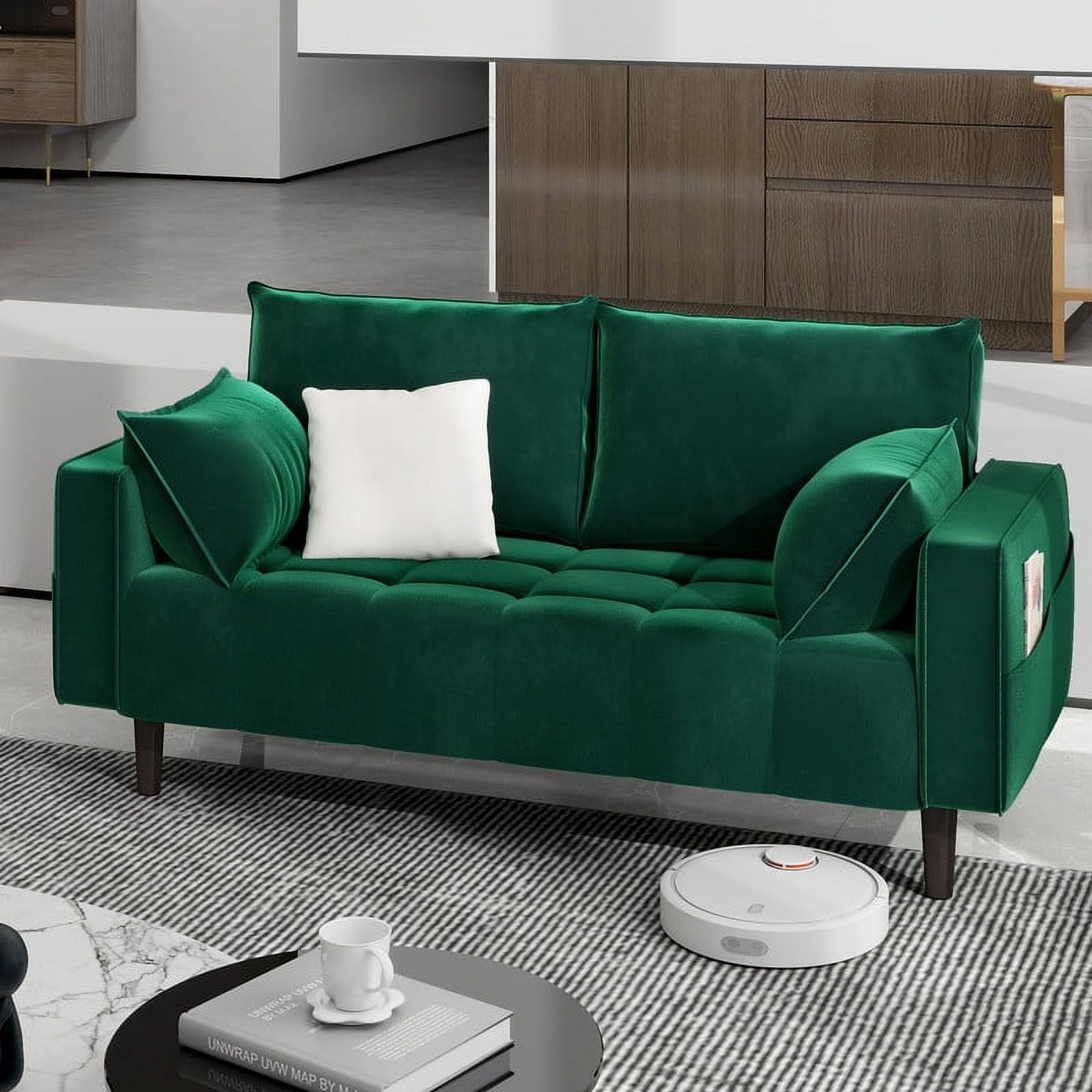 Uforic 56" Velvet Loveseat Sofa, Modern Comfortable Sofa Loveseat Small Sofa Couch with Side Storage Pockect & 2 Pillows, Button Tufted Seat Cushion for Living Room Bedroom Apartment, Green
