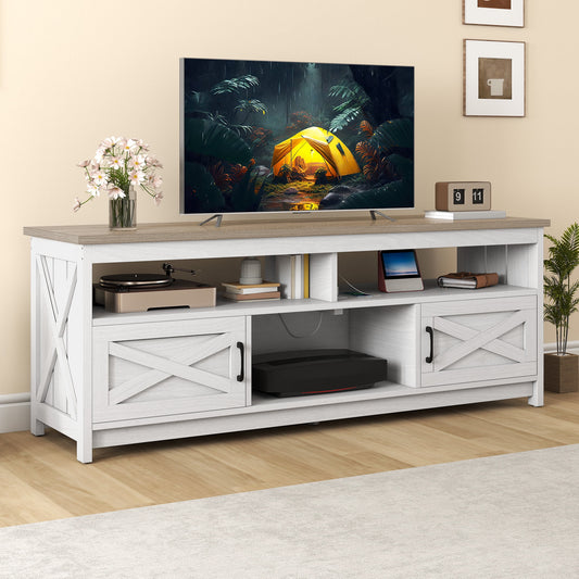 Uforic 65" Farmhouse TV Stand for 60/65 Inch TV with Power Outlet,Entertainment Center TV Console with Door, White & Brown