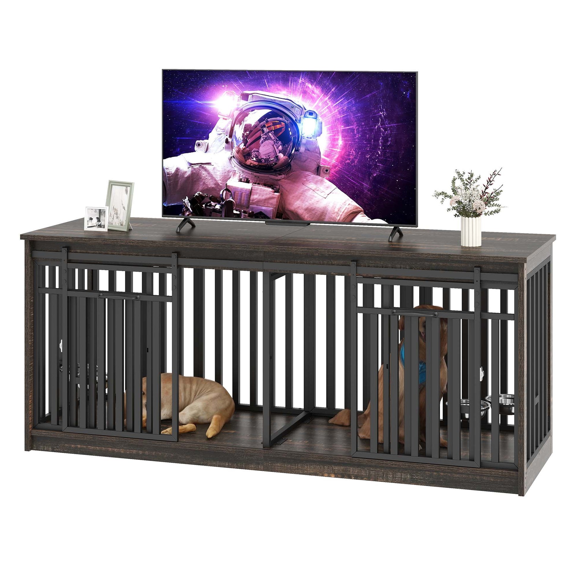 Uforic 71-Inch Farmhouse TV Stand for TVs up to 65",Heavy Duty Dog Crate Furniture with 4 Dog Bowl - Black