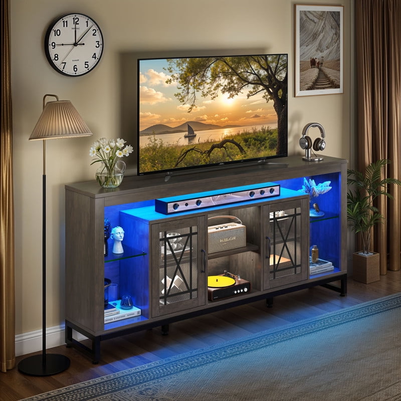 Uforic Rustic TV Stand for 70 Inch TV, LED Entertainment Center with Power Outlets, White