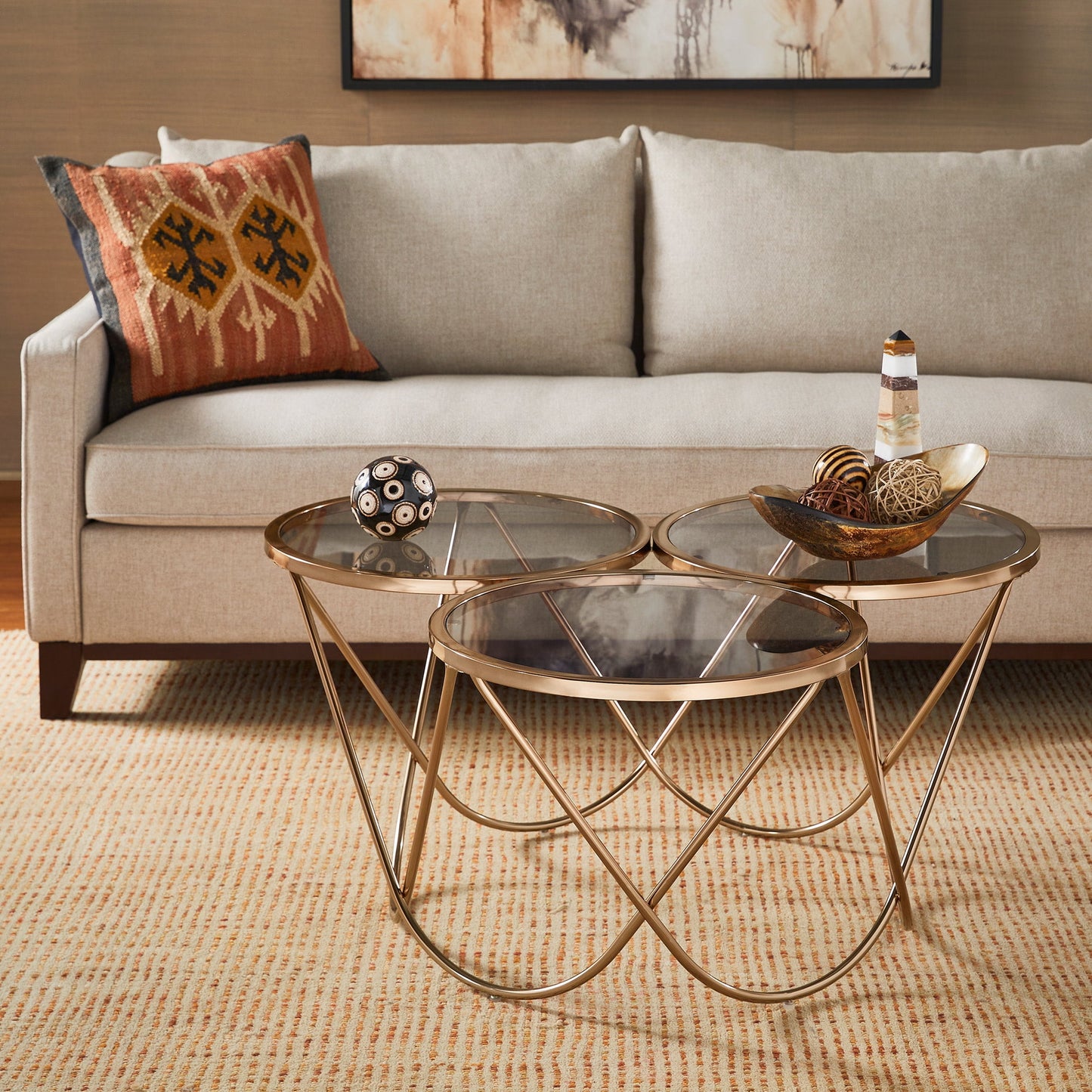 Weston Home Enschede Champagne Gold Finish Metal Coffee Table with Smoked Glass Top