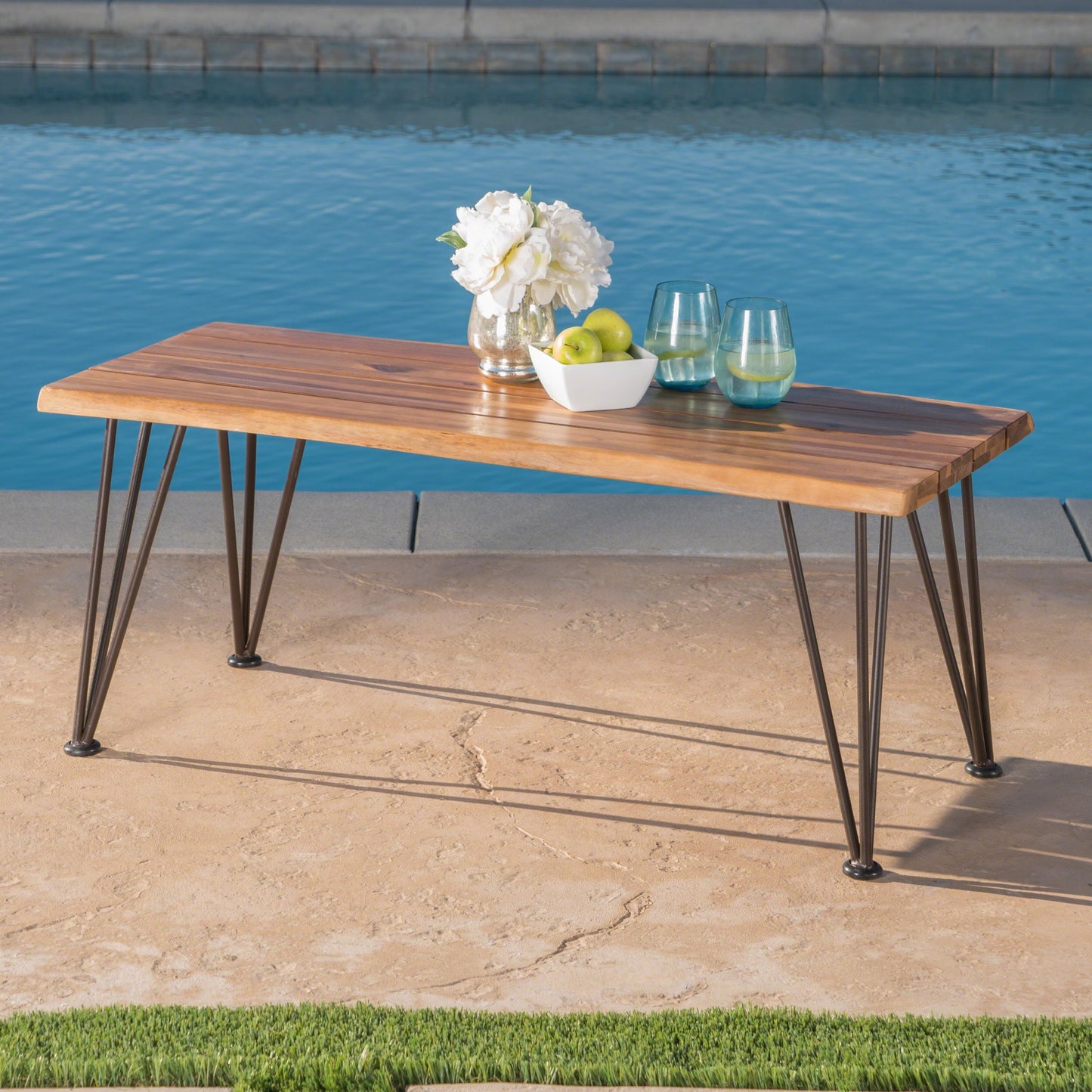 Zenith Outdoor Industrial Coffee Table, Teak Finish, Rustic Metal