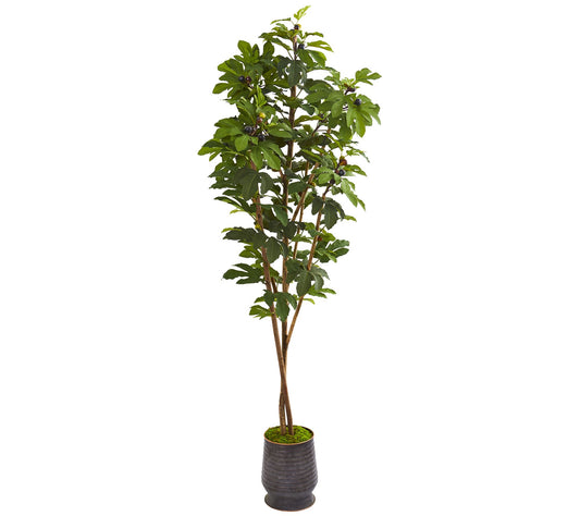 88" Fig Tree in Ribbed Metal Planter by NearlyNatural
